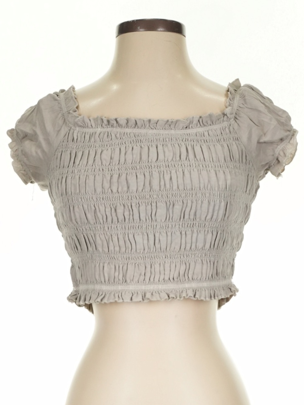 American Eagle Smocked Off-Shoulder Crop Top - Light Gray